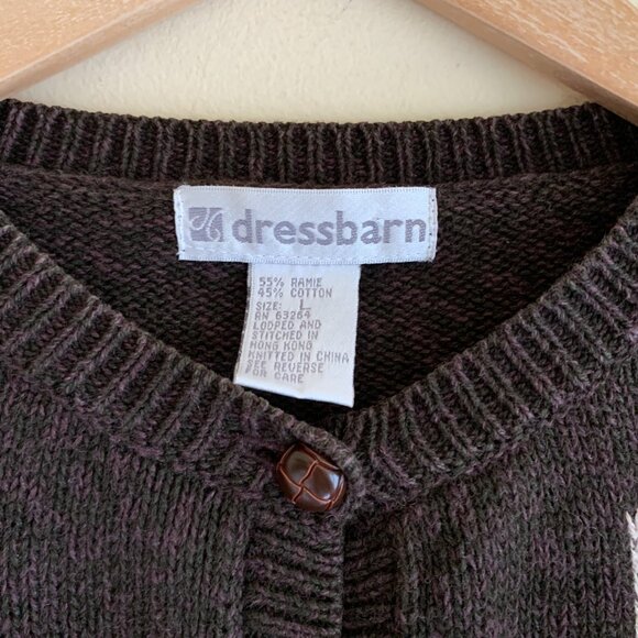 VTG Dress Barn Brown Cardigan Sweater Embroidered Floral Crewneck Grandpa Size L - Picture 11 of 12